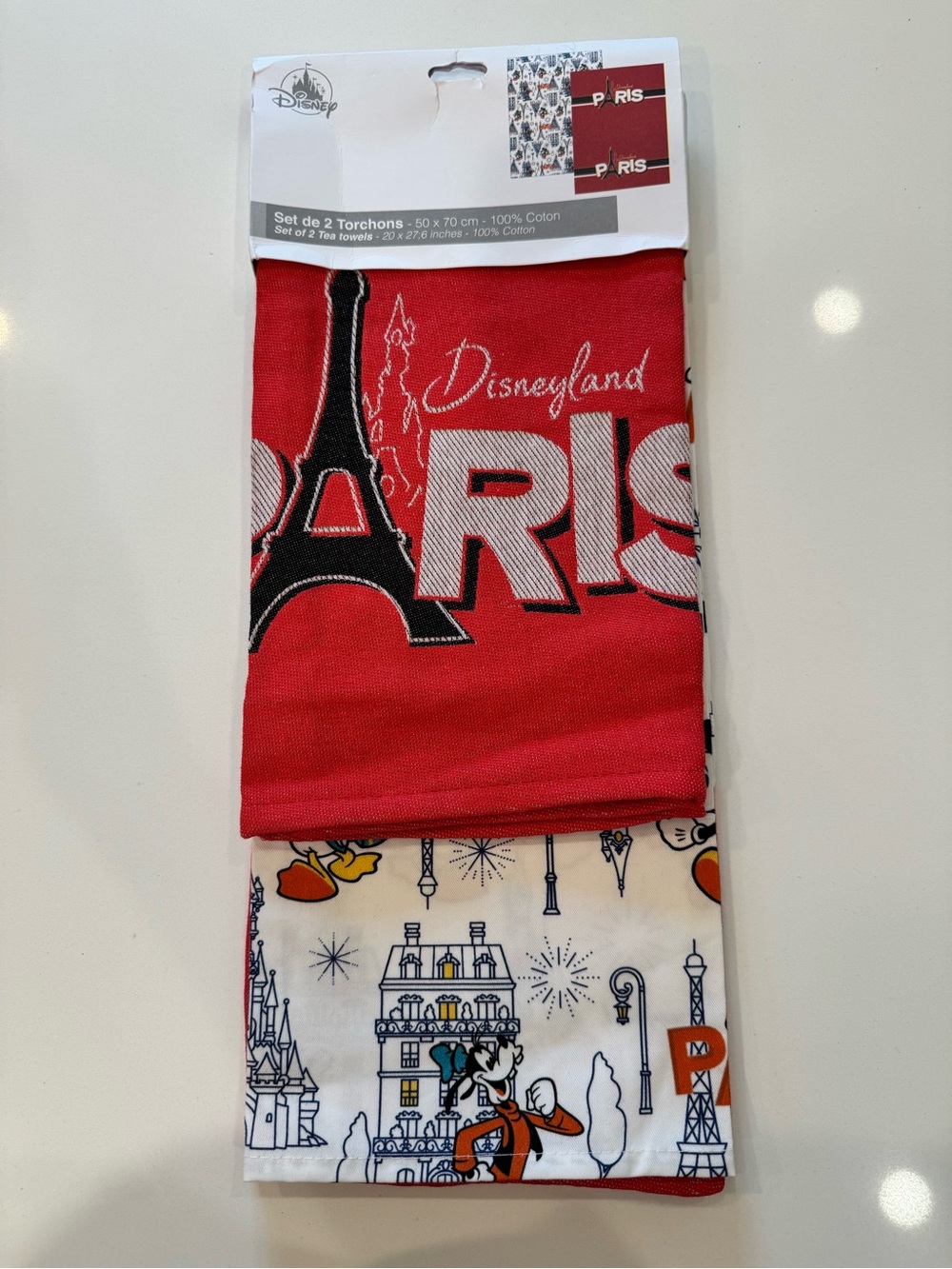 Disneyland Paris Set of 2 Tea Towels NWT Mickey Donald Goofy Eiffel Tower Cotton